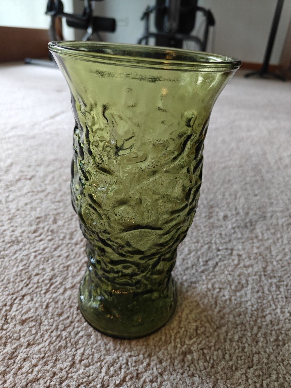 Green mid-century modern "crinkle" or "rippled" glass vase